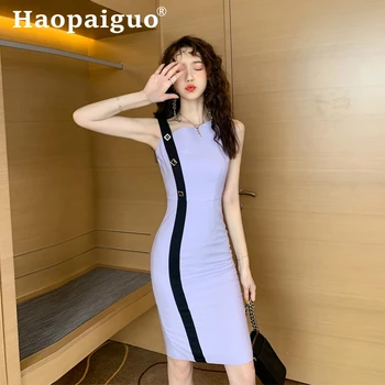 

Plus Size Contrast OL Work Office Ladies Dresses Sleeveless Sheath Bodycon Vintage Dress Women Korean Modis Summer Sundress Robe