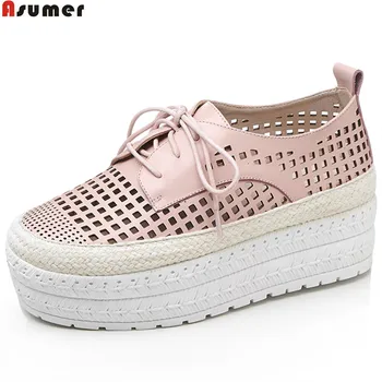 

ASUMER black pink white fashion spring autumn new casual flat platform shoes round toe genuine leather flats shoes