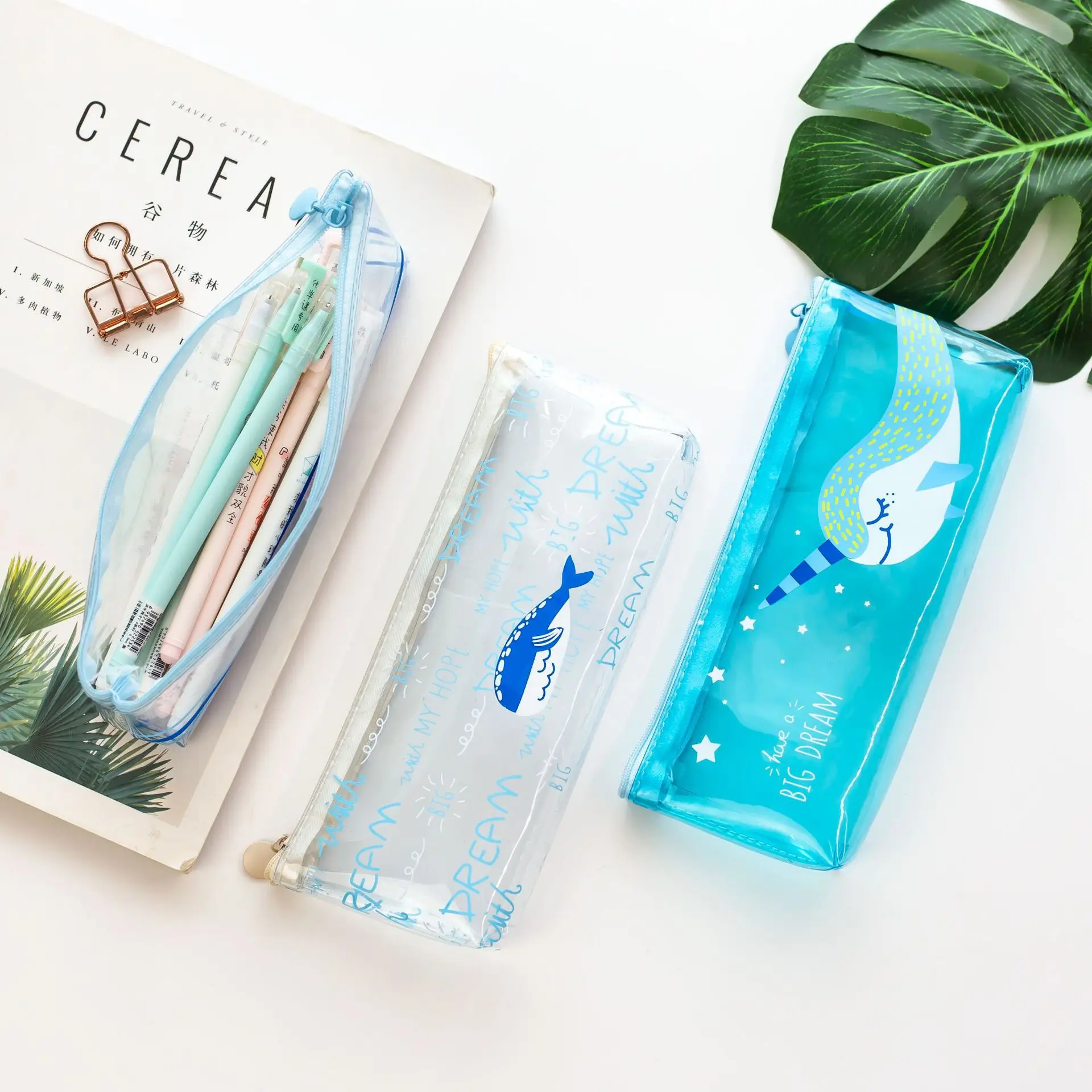 

Ocean Blue Kawaii whale Pencil Case Cute Transparent pencil bag Bts pencilcase school supplies for girl stationery pouch Escolar