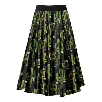 

Vintage 1950s Women's High Waist Skirt Novetly Cactus Printing Retro Inspired One Size Circle Swing Pleated Skirt