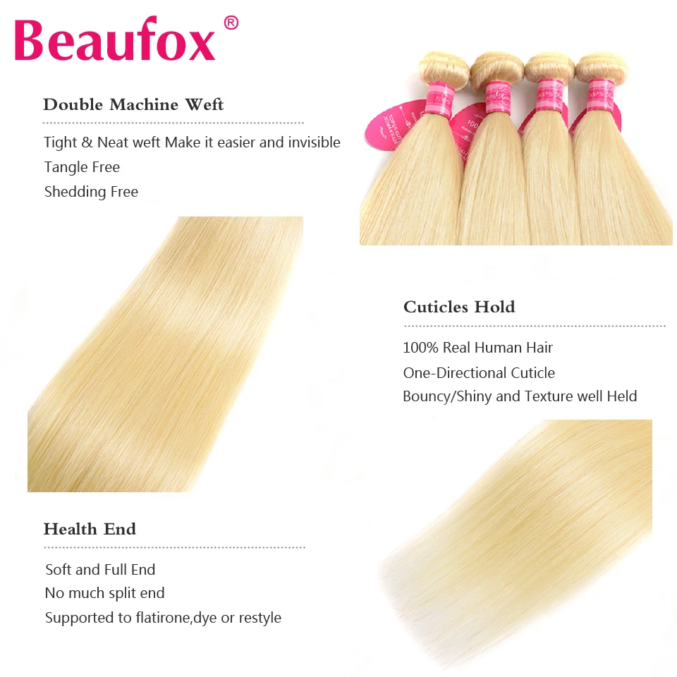 Beaufox 613 Bundles With Closure Blonde Brazilian Straight Human Hair Bundles 4 Bundles With Closure Remy 613 Hair Extensions (6)