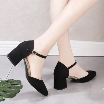 

2019 new fashion built simple solid color high heels women retro style suede comfortable thick heel casual high heels