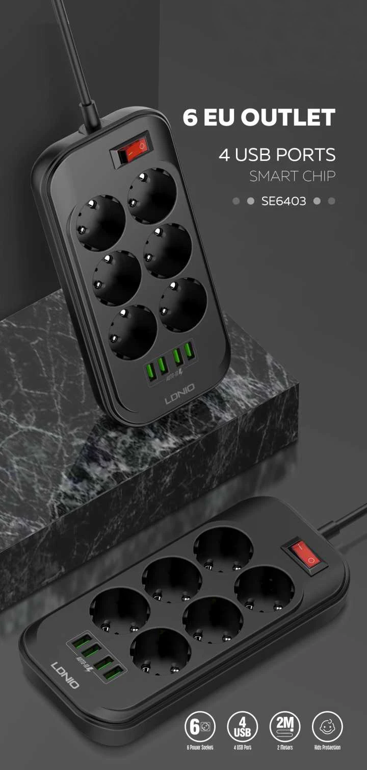 Tomada de Parede Cabo de Carga Tomada de Mesa Plug Cabo Extensão Preto 6 ac Tomada 4usb Carregador Adaptador 3.4a Forphone 2 m Usb ue 22 Renovação da Casa