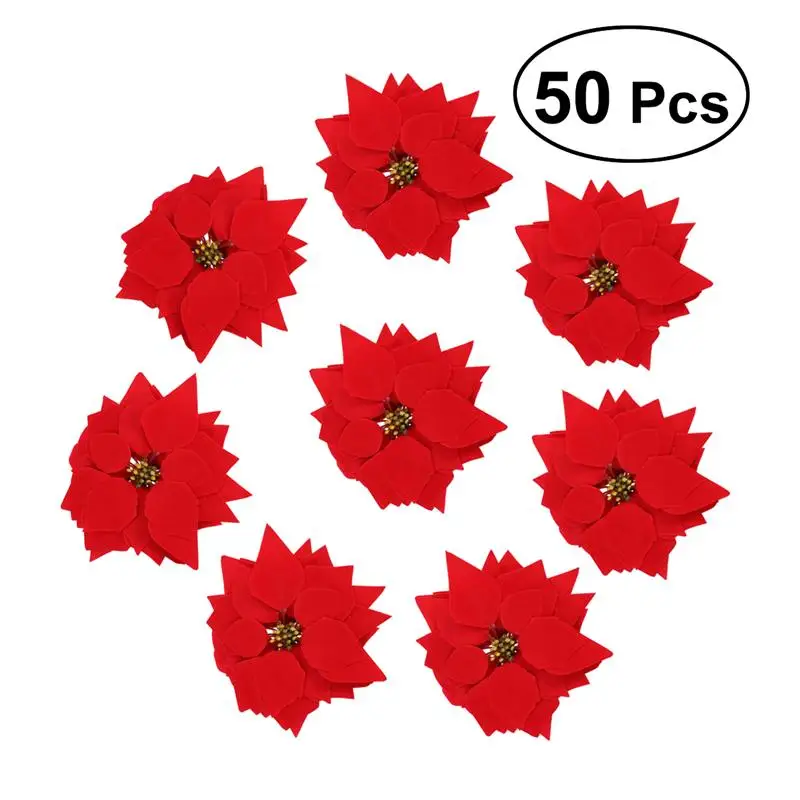 

50PCS Artificial Poinsettia Floral Heads Decorations Home Front Door Wreath Table Centerpieces Arrangements Fake Hanging Decor