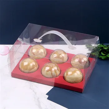 

200pcs/lot Transparent PET Plastic Green Egg Yolk Crisp Packaging Box Portable Cake Gift Box 6 Round Paper Box With Handle