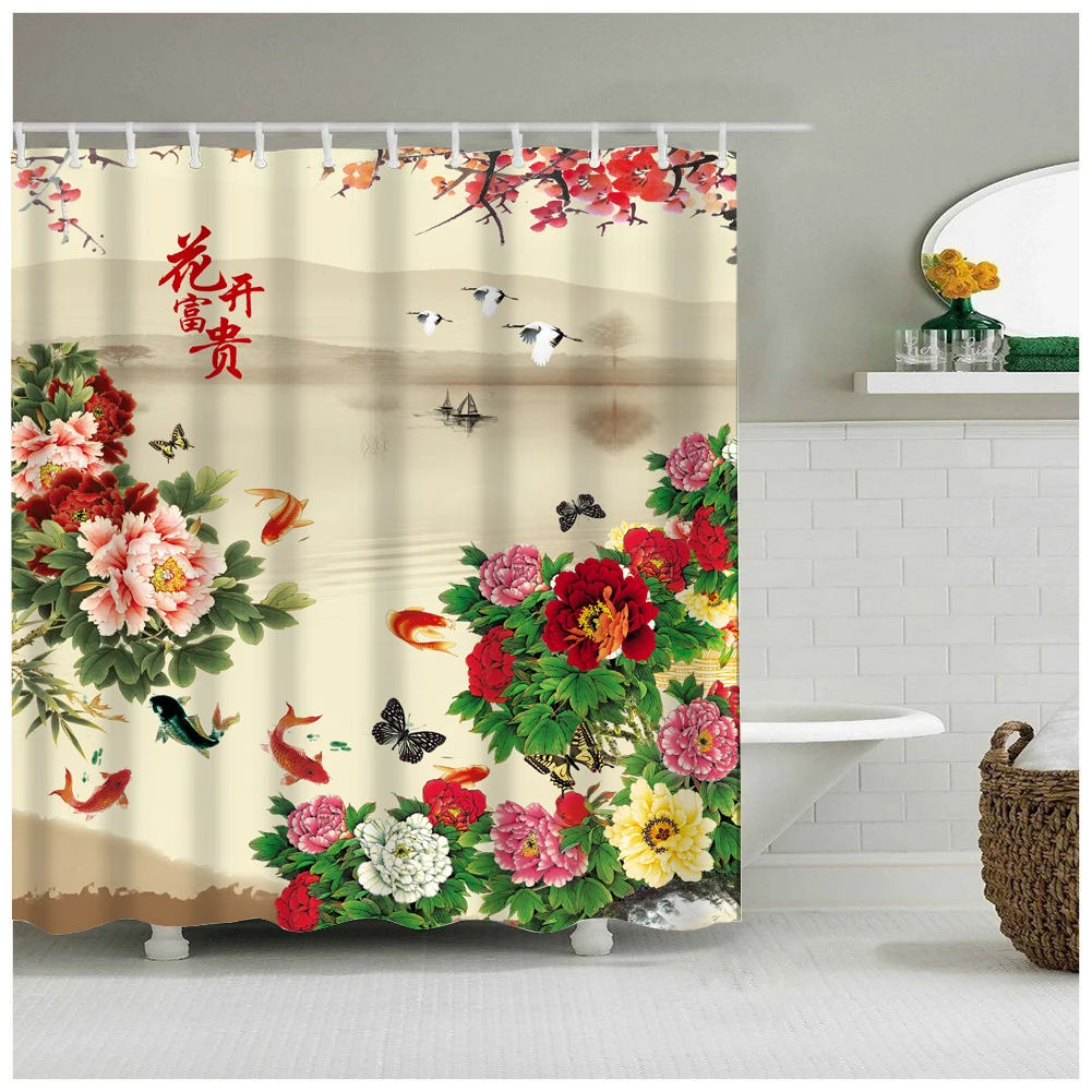 Shower Curtain Liner Ink Painting Of Lotus Waterproof Fabric 12 Hooks /& Bath Mat