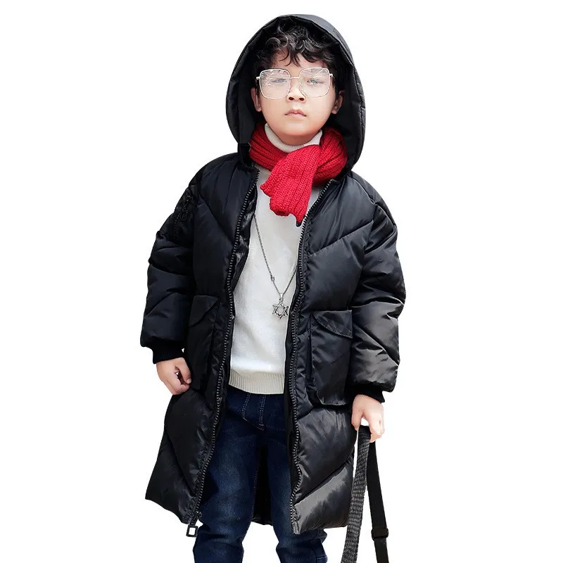 

2018 New Boys Girls Autumn Winter Long Coat Kids School Hooded Jacket Fashion Casual Cotton Down Solid Color Winter Clothes