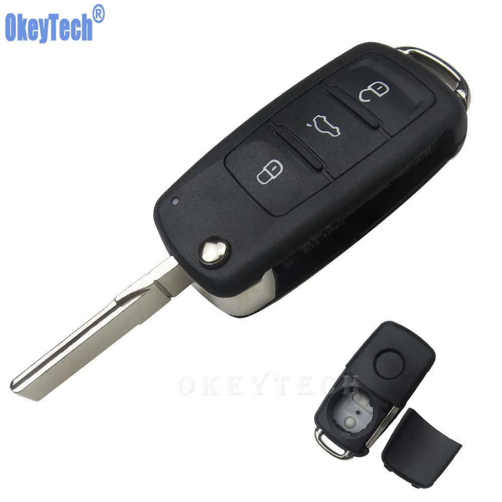 OkeyTech 3 Buttons Flip Remote Car Key Case Shell For Volkswagen VW Jetta Golf Passat Beetle Polo Bora Uncut Blade Blank Key Fob