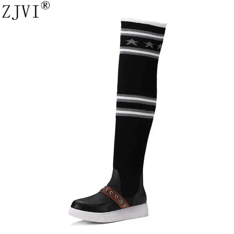 

ZJVI women over the knee boots woman autumn winter thigh high boots ladies wool socks warm plush 2018 black gray flat shoes