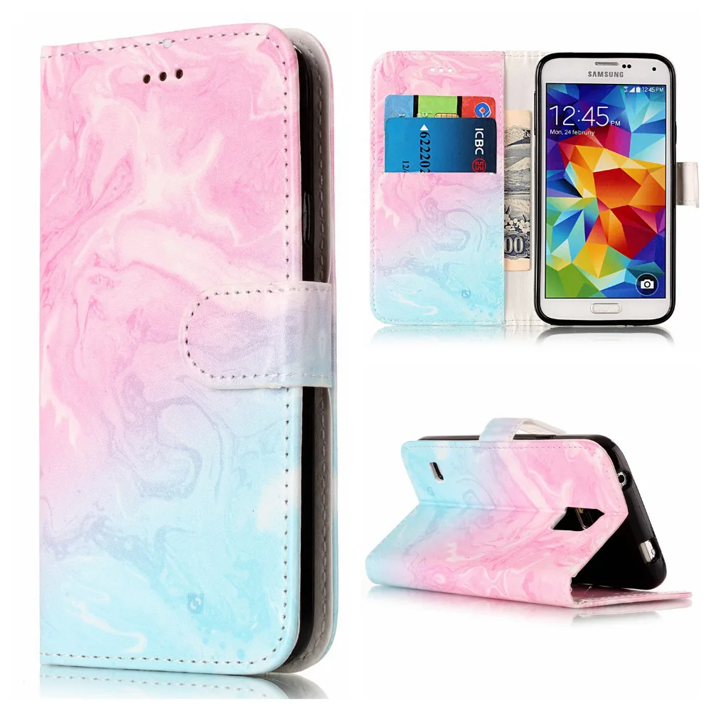 

Wallet Leather Case For Samsung Galaxy S5 Flip Case Colorful Marble Pattern Cover for Samsung S 5 G9006V With Card Slot