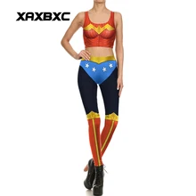 XAXBXC 1693, сексуальный спортивный костюм для девушек, набор, Суперженщина, чудо-принты, Леггинсы для йоги, штаны, укороченный топ, жилет для спортзала, фитнеса, женские комплекты для йоги