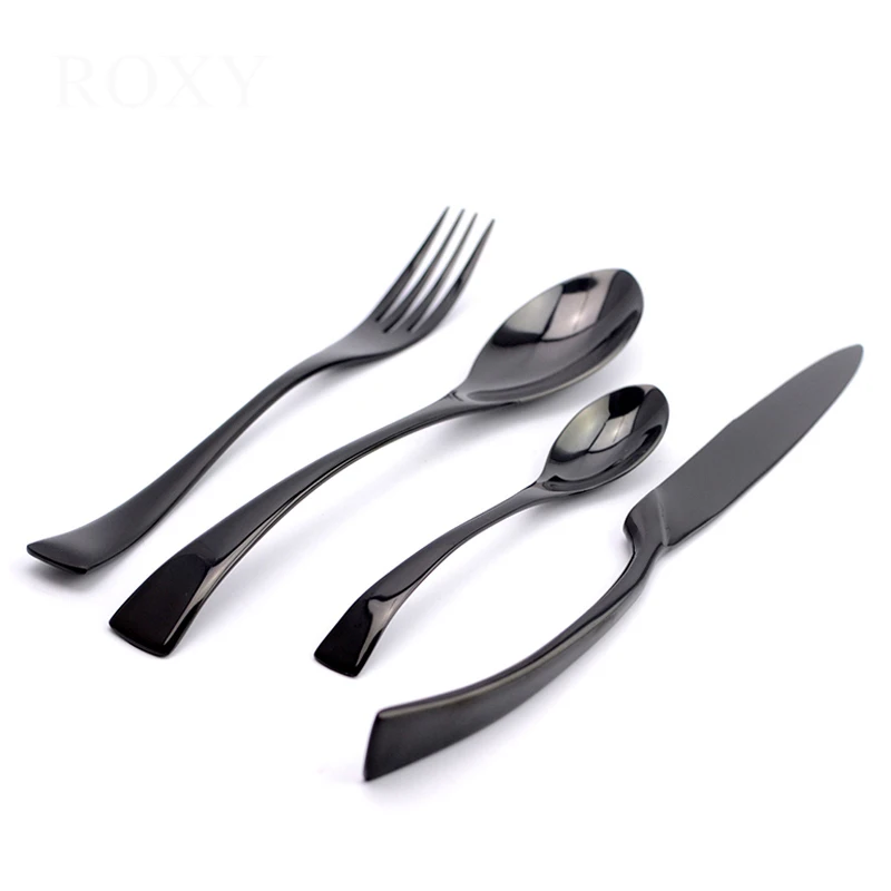 

4PCS Portable Tableware Set Black Stainless Steel Food Fork Steak Knife Dinnerware Set For Children School Picnic Cutlery