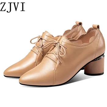

ZJVI women winter autumn lace up genuine leather pumps woman 5.5cm high heels pointed toe shoes for girls ladies 2019 new black
