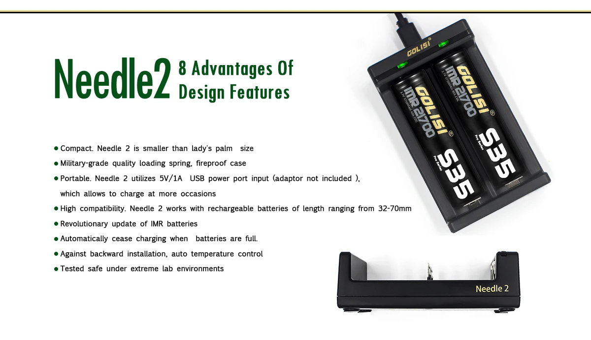 Golisi Needle 2 LED Indi USB Port Smart Lite Battery Charger For Li-ion Battery 2Slots