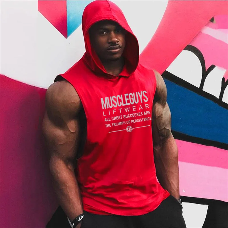 

Muscleguys Liftwear Sleeveless Shirt with hoody Brand Gyms Clothing Fitness Men Bodybuilding stringers tank tops singlets