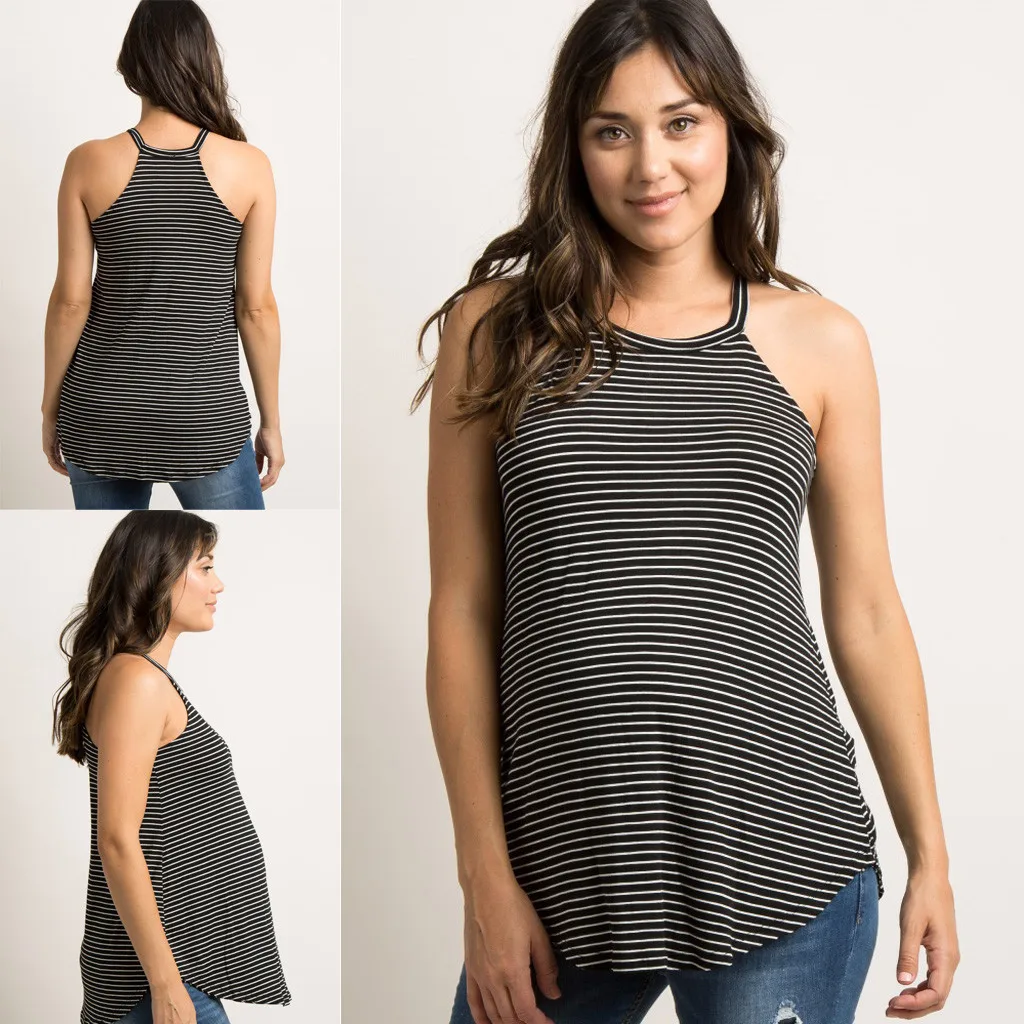 

Women Sleeveless Tops Pregnant Nursing Stripe Straps Maternity Backless Tops