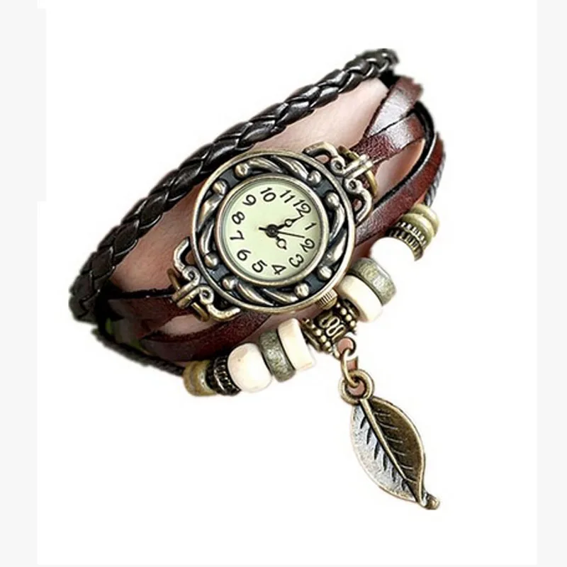 Женские наручные часы с кожаным браслетом в винтажном стиле, кварцевые часы с браслетом, подарок в виде листа, рождественские часы# YL5