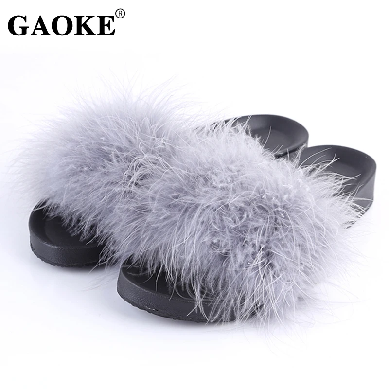 

Fur Furry Slide Sweet Feather Flat Bottom Beach Female Sandals Hair Flip Flops Women Home Slippers Outside Shoes Faux Fur Flat
