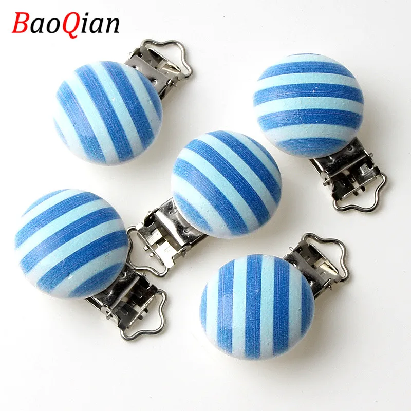 

5Pcs Blue Stripe Metal Wood Baby Pacifier Clips For Baby Infant Soother Clasps Teethers Holders