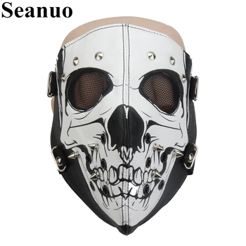 

Seanuo White Genuine Leather Skeleton Skull Men Motorcycle Face Mask Fashion Steampunk Rock Hiphop Women Halloween Biker Masks