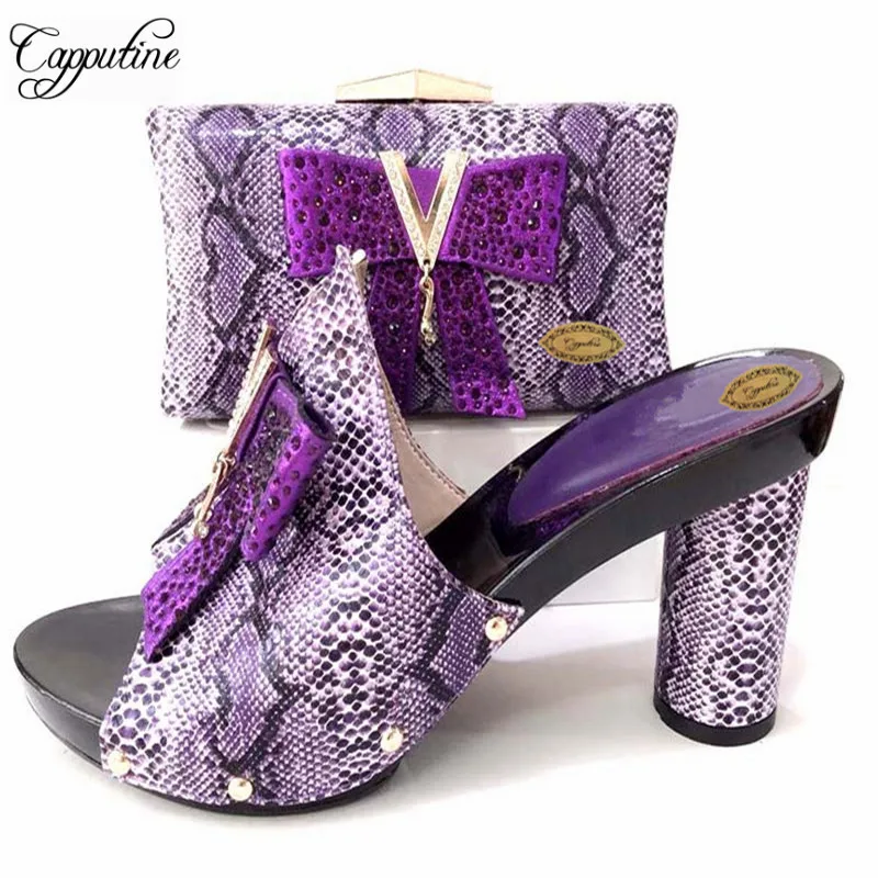 

Capputine New Nice Looking Elegant Woman Shoes And Purse Set Nigerian PU Leather Pumps Purple Color Party Shoes And Bag Set