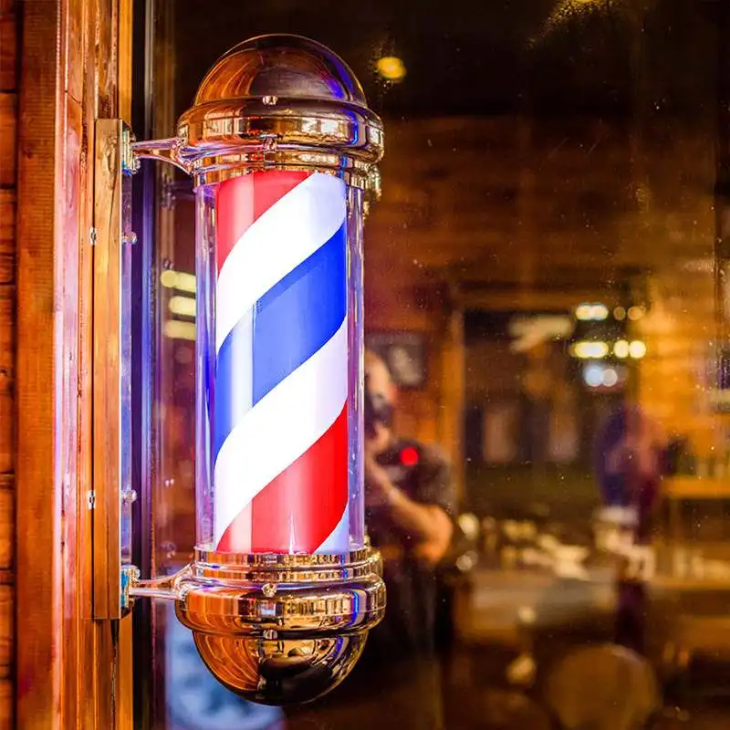 

55cm Barber Shop Pole Rotating Lighting Red White Blue Stripe Rotating Light Stripes Sign Hair Wall Hanging LED Downlights