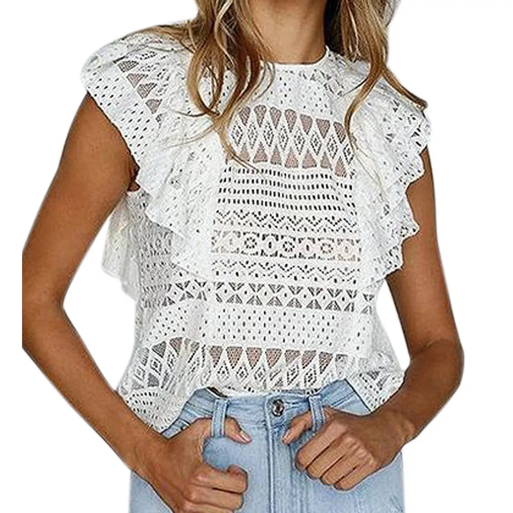 Women Summer Boho Sexy Solid Ruffle Trim Lace Cami Top Summer solid color lace vest top Women Summer Boho Sexy Solid Ruffle Trim Lace Cami Top Summer solid color lace vest top