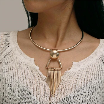 

Vintage Gold Metal Choker metal tassel pendant collar necklace