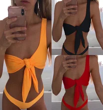 2019 Front Knotted Tie Bikini Solid Sexy Bikini Set Thong Swimwear One shoulder Padded Push up Bra Low Waist Bathing Suit bule sexy self tie swimwear with padded chest