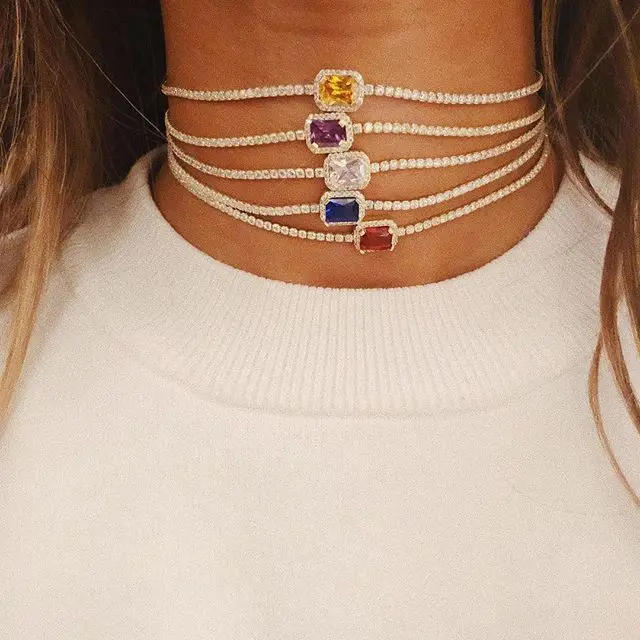 

Red blue Rhinestone Collar Chokers Necklace Statement Jewelry luxury Maxi Necklaces For Women Torques Bijoux tennis charm chains