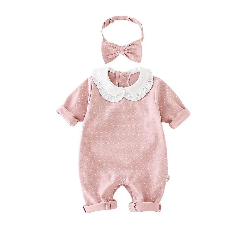 Одежда для новорожденных и малышей, комбинезон в горошек с длинными рукавами, повязка на голову, комплект одежды из 2 предметов для младенцев - Цвет: Розовый
