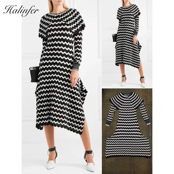 

Halinfer 2018 New Autumn women dress sexy bodycon O-Neck Striped Asymmetrical Rayon Bandage celebrity party dress vestidos