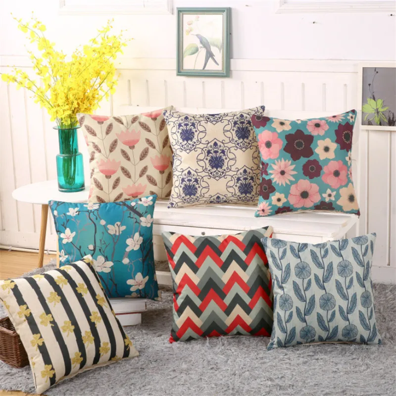 

45x45cm Flower Pattern Printed Cushion Cover Cotton Linen Square Home Decor Pillow Case Living Room Sofa Pillowcase