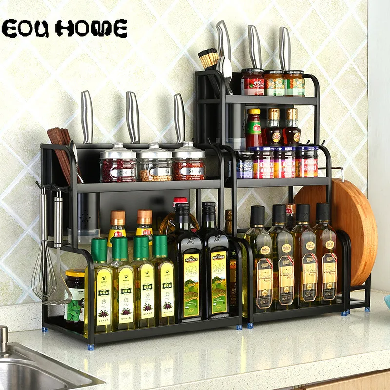 

Black 201 Stainless Steel Kitchen Storage Holder Floor Knife Holder Home Kitchenware Double/Three Layers Condiment Storage Rack