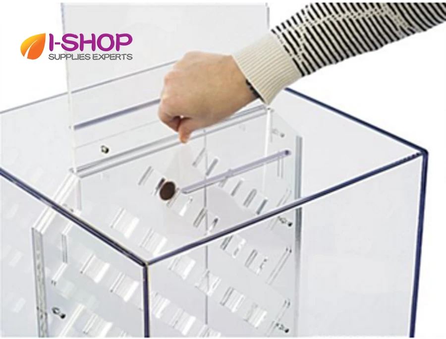 Floor Standing Lockable Clear Donation Box With Walnut Wood Base