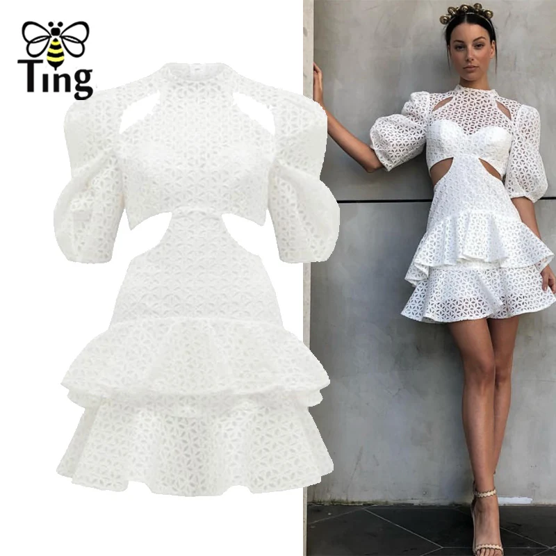 

Tingfly 2019 Runway Designer Sexy Hollow Out Mini Dress Women Elegant Ruffles Short Party Dresses White Lace Vestidos Fashion