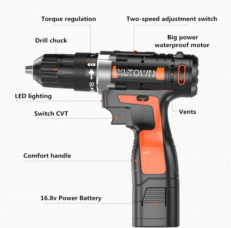 XLTOWN 12/16. 8/25 v ручная дрель с 2 Батарея Многофункциональный Перезаряжаемые литиевых Батарея электрический отвертка бытовой Мощность