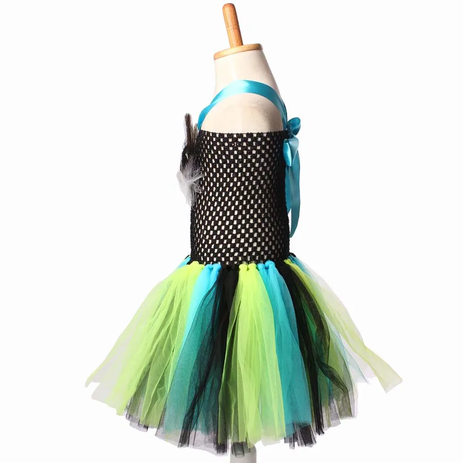 Stunning Peacock Tutu Dress and Matching Hair Clip Girls Peacock Feather Dress Halloween Photo Props Fancy Cosplay Clothing (9)