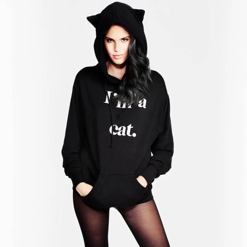 S-XL, Модный женский принт с английскими буквами, кошачьи ушки, пуловер, толстовка с капюшоном, черный, Новинка