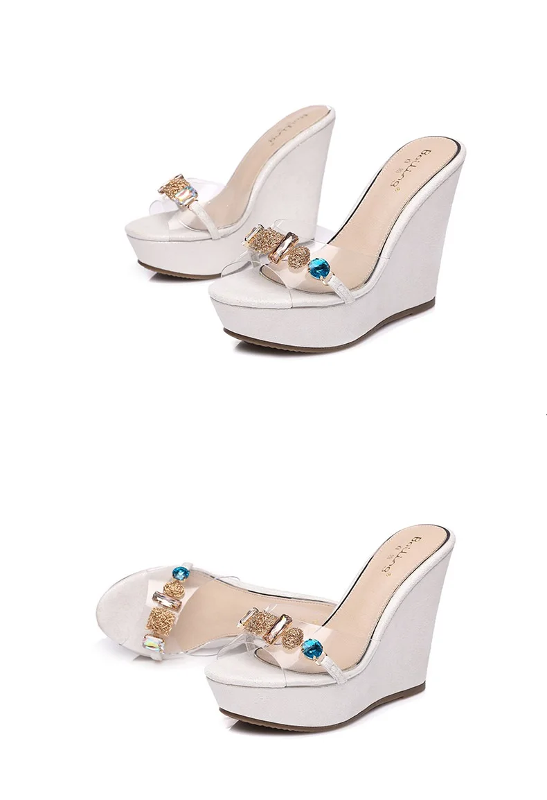 24_New 2018 Wedges Slippers Female Summer Fashion High-heeled Platform Rhinestones Small Size Shoes Pink White Black