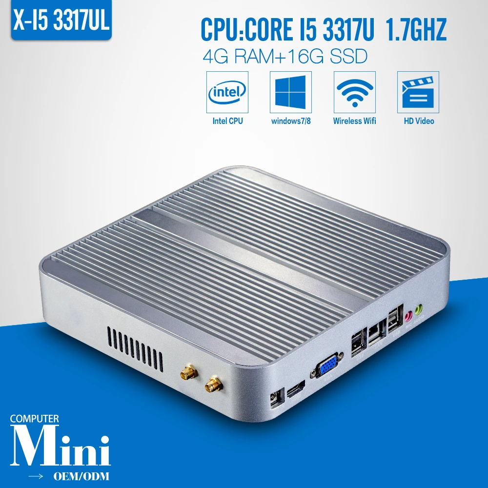 I5 3317U,DDR3 4G RAM,16G SSD,Fanless motherboard,12V/5A Power adapter,HDMI+VGA,Desktop Computer,Mini PC