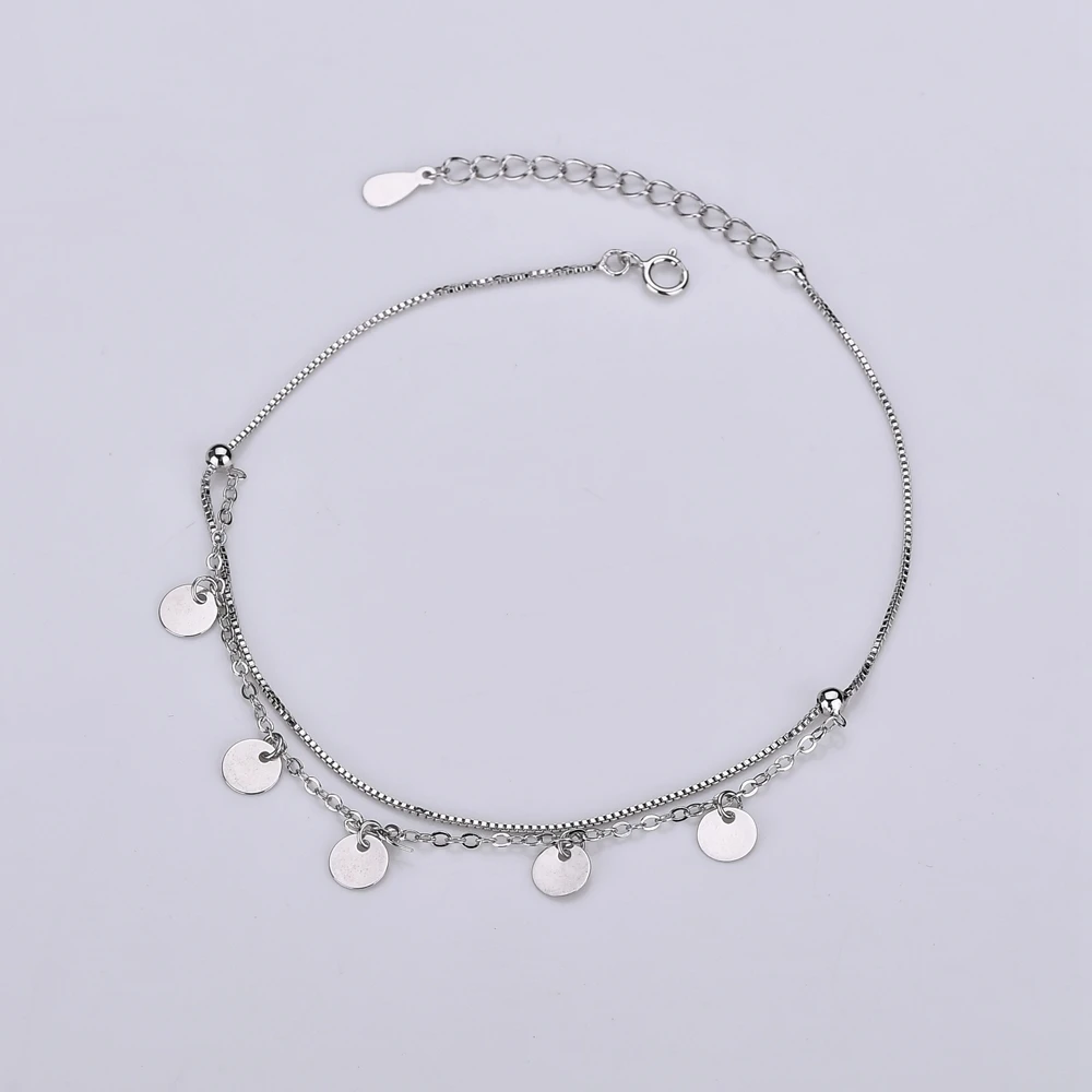 

100% 925 Sterling Silver Anklet Multi Layer Circle Box Chain Ankelts For Women Fashion Girl Foot Bracelet Stering-silver-jewelry