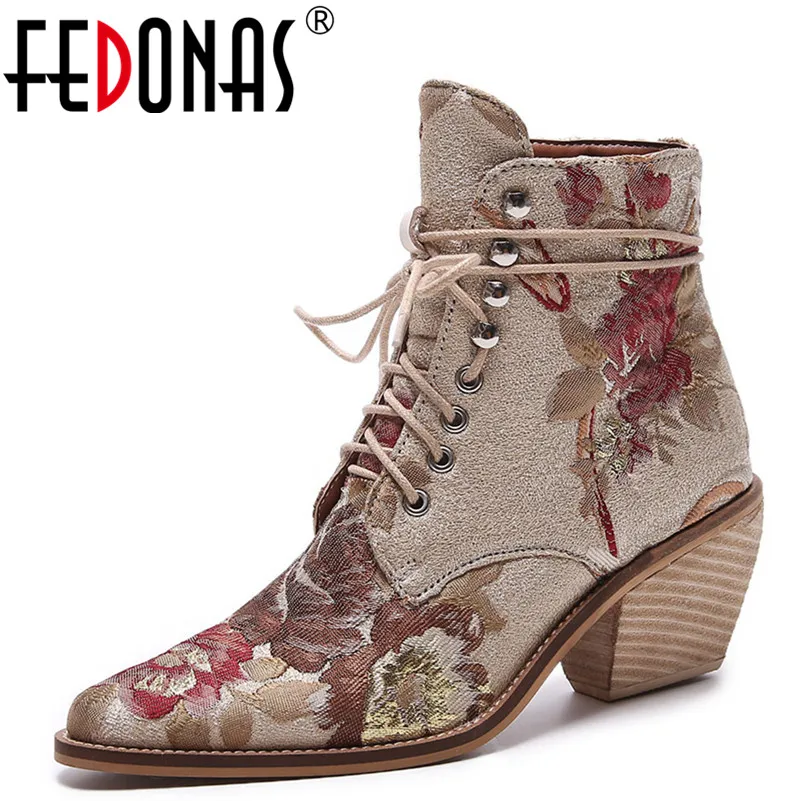 

FEDONAS Women Luxury Silk Boots Ladies Ankle Boots New Autumn Winter Embroider Womens Motorcycle Boots Lace Up Shoes Woman