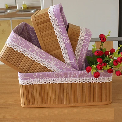 Home Weaving Storage Basket Bamboo Handmade Cotton Material Grocery Snacks Toy Storage Basket Collapsible Desktop Organizer - Цвет: purple flower