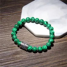 8 мм натуральный зеленый малахитовый полированный круглый бисер браслеты модный, серебряный, металлический тотемный Шарм Мужские браслеты ювелирные аксессуары
