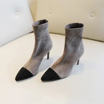 

MLJUESE 2020 women soft ankle boots Kid Suede pointed toe thin heel high heels boots winter short plush soft boots size 40