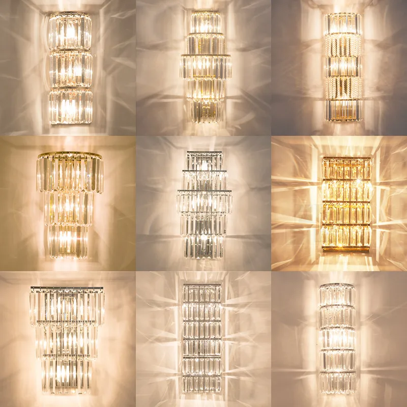 

American luxury crystal wall lamp living room hallway bedroom bedside lamp modern simple LED gold silver crystal wall lamp