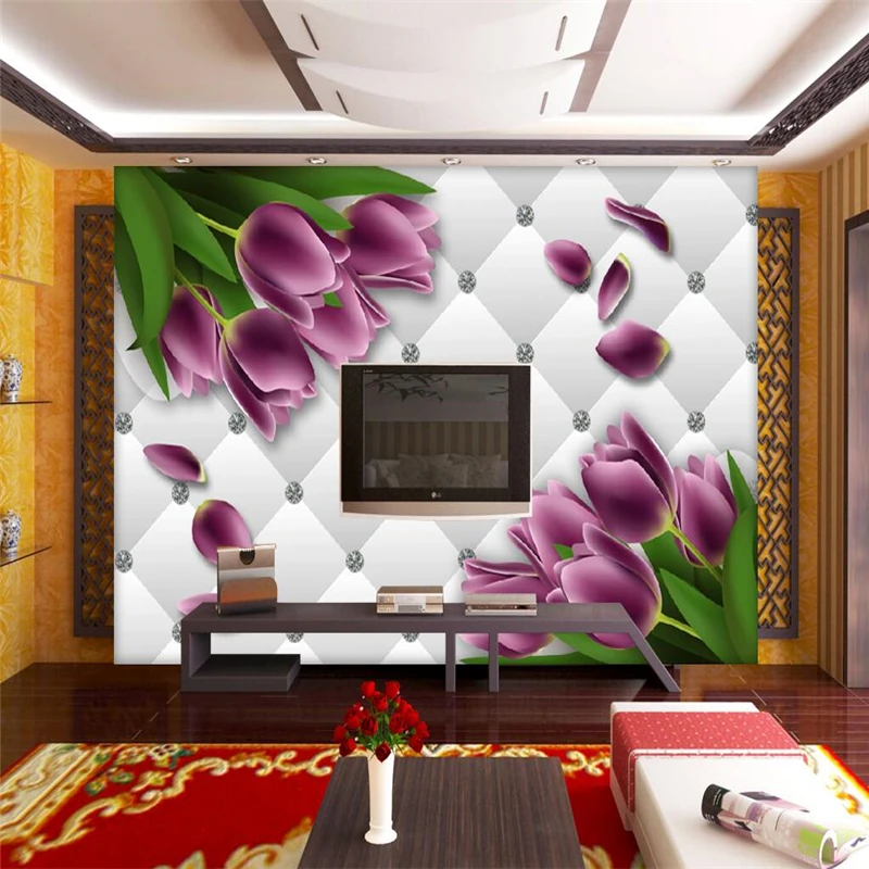 

beibehang Custom Photo Wallpaper Mural Wall Sticker Romantic Purple Tulip Diamond Diamonds Soft Leather Case 3D Background