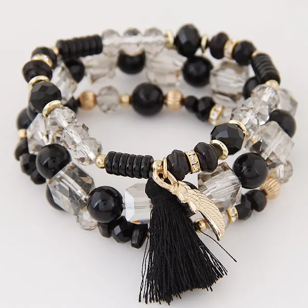 

LEMOER Bohemian Multilayer Handmade Crystal Beads with Angel Wing Feather Leaves Tassel Bracelets For Women Pulseras Mujer