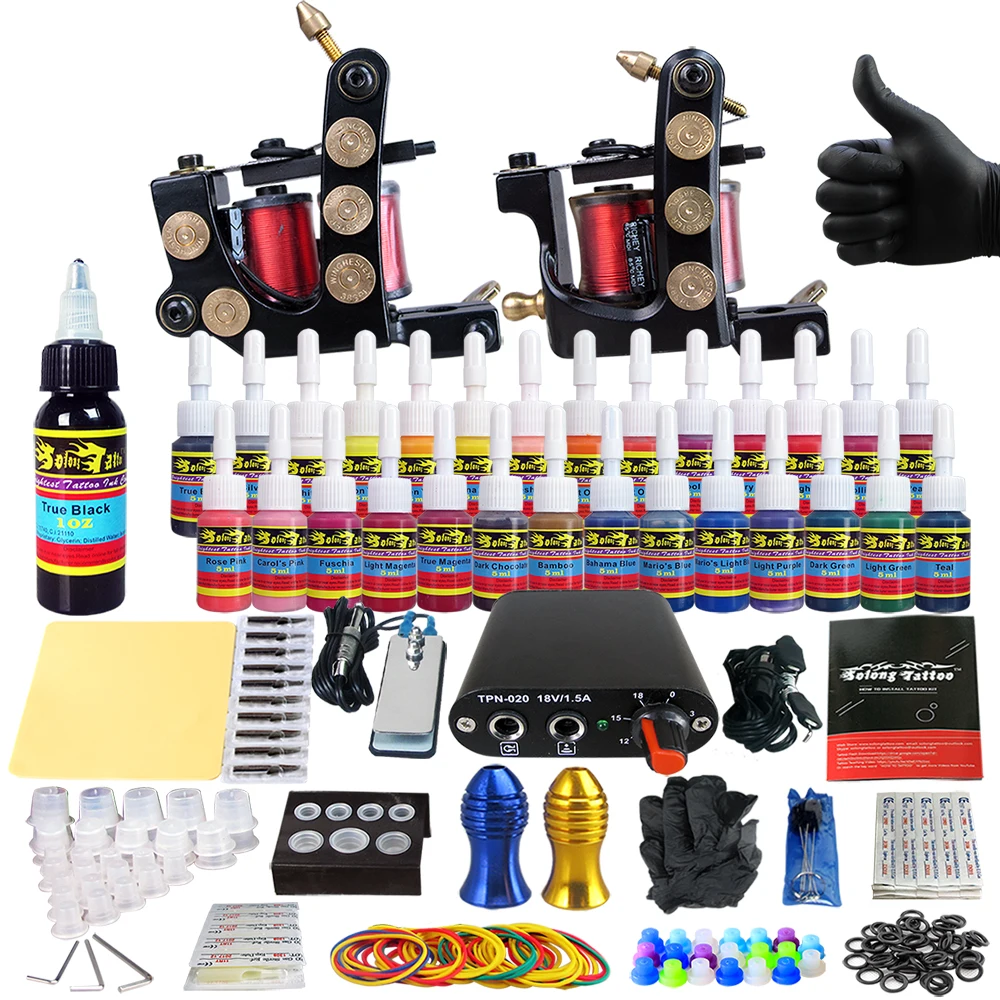 

Hybrid Complete Kit For Tattoo Liner and Shader Beginner Power Supply Foot Pedal Grips Needles Ink Set Tattoo Body&Art TK204-26